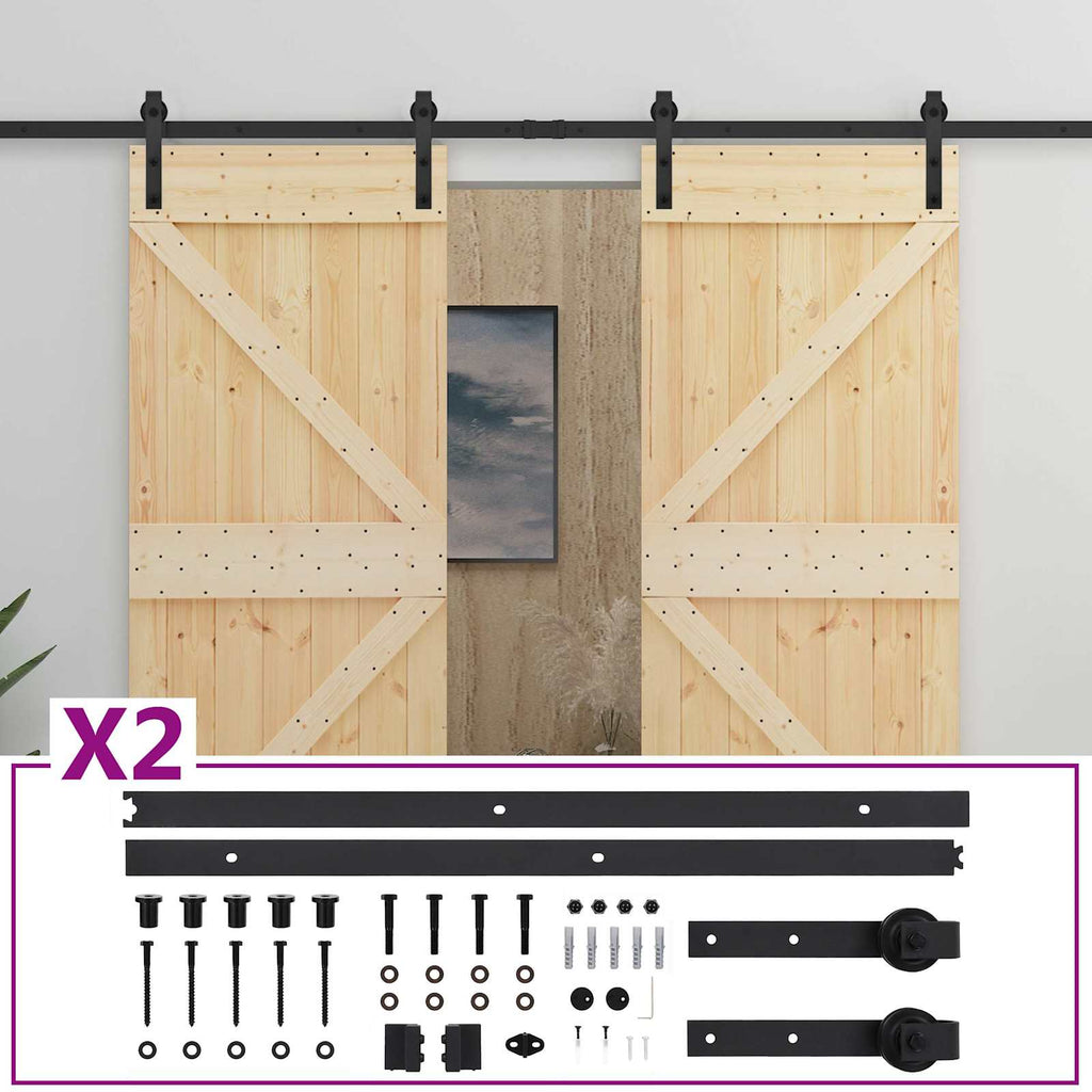 Sliding Door 2 pcs Natural and Black Solid Pine Wood