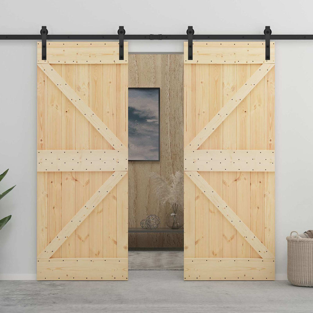 Puerta Corredera 2 pcs Natural y negro Madera de Pino Maciza