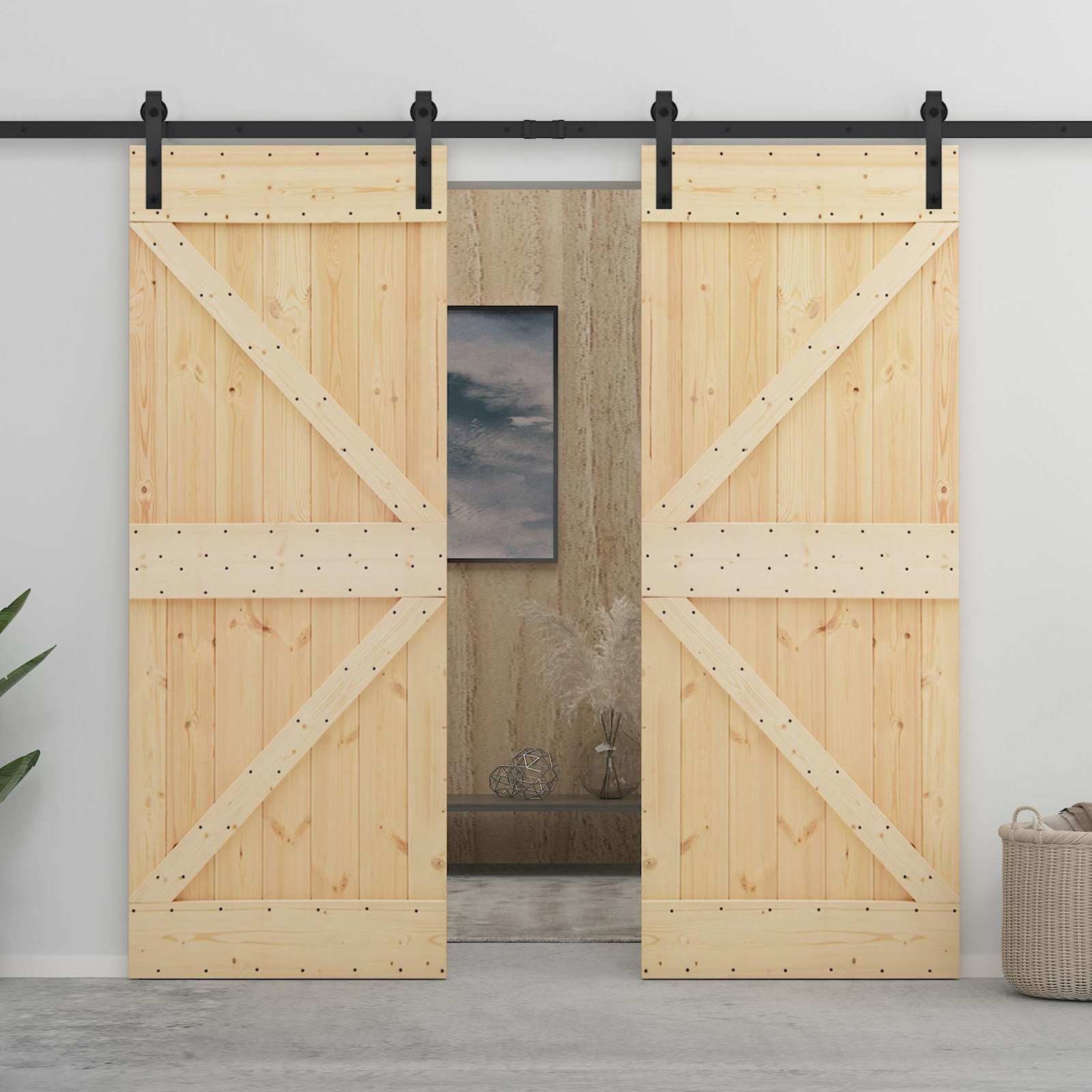 Puerta Corredera 2 pcs Natural y negro Madera de Pino Maciza