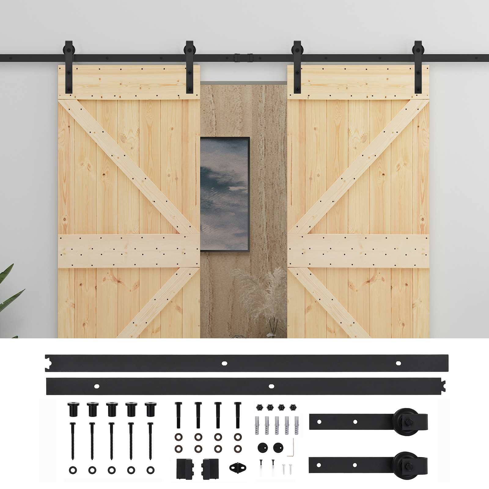 Puerta Corredera 2 pcs Natural y negro Madera de Pino Maciza