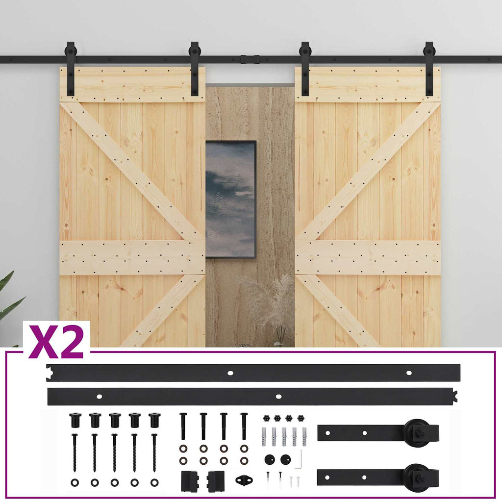 Puerta Corredera 2 pcs Natural y negro Madera de Pino Maciza