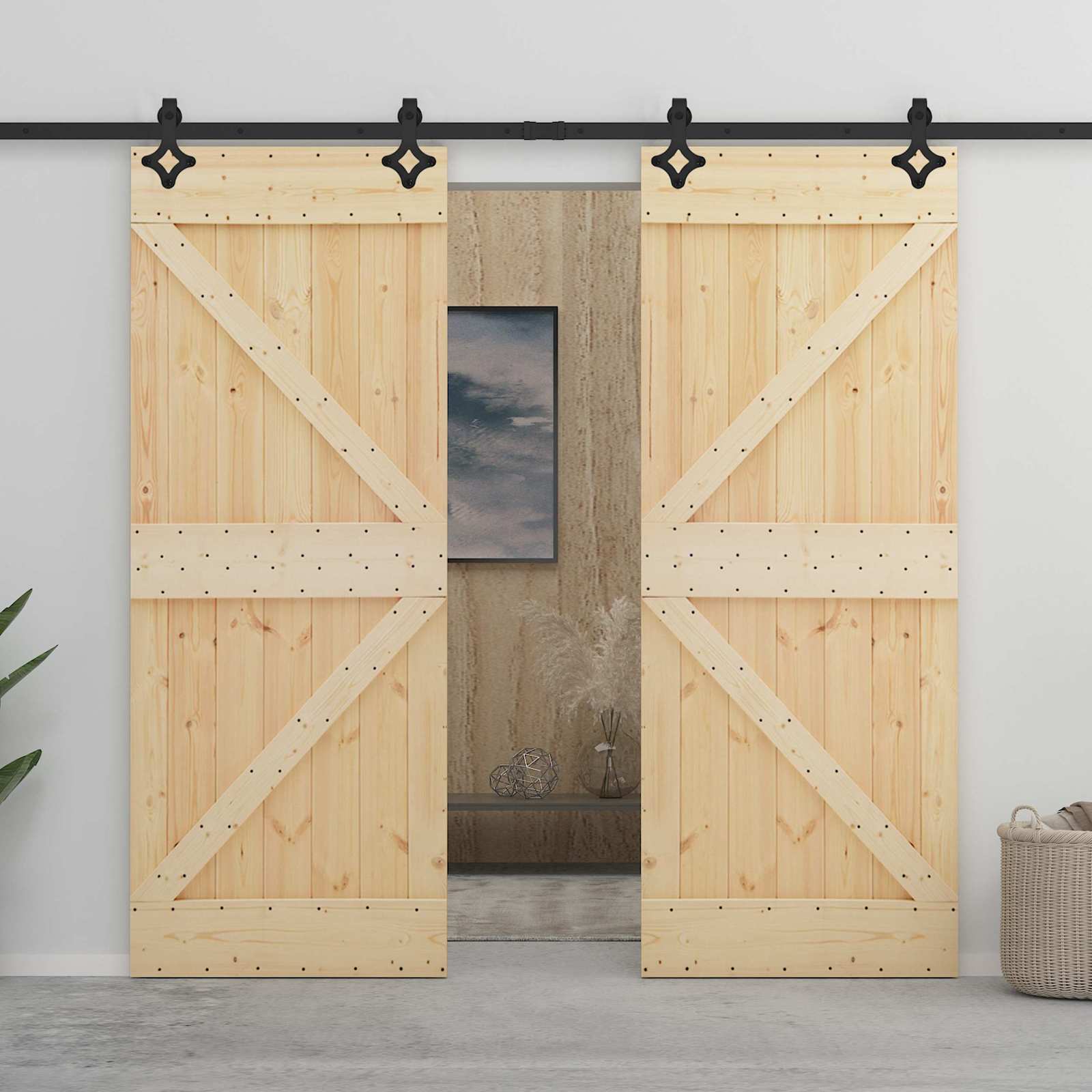 Sliding Door 2 pcs Natural and black Solid Pine Wood