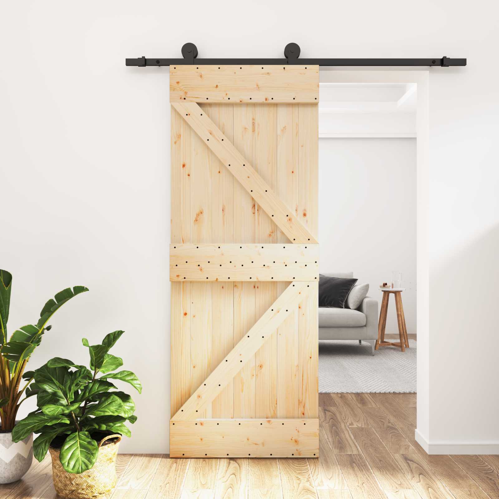 Sliding Door 2 pcs Natural and Black Solid Pine Wood