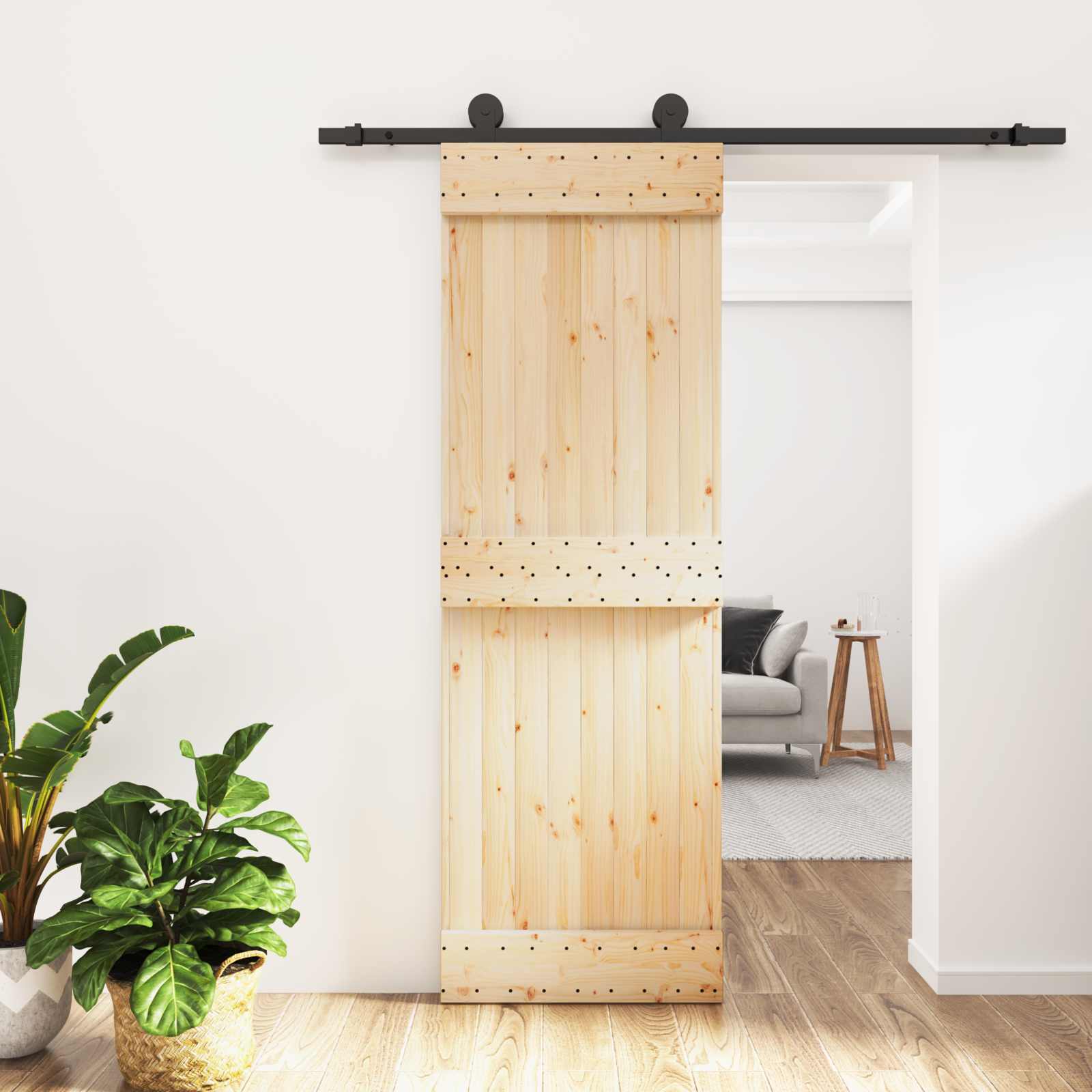 Sliding Door 2 pcs Natural and Black Solid Pine Wood