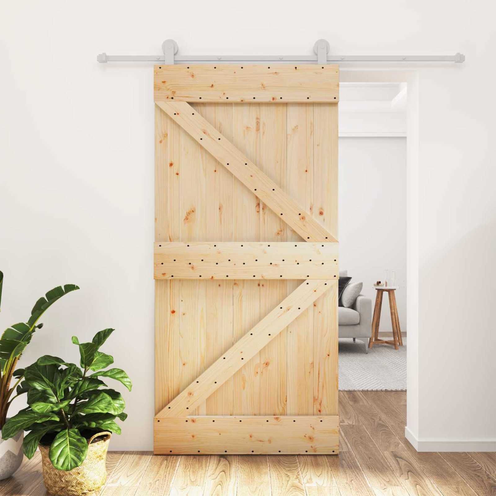 Sliding Door 2 pcs Natural and Black Solid Pine Wood
