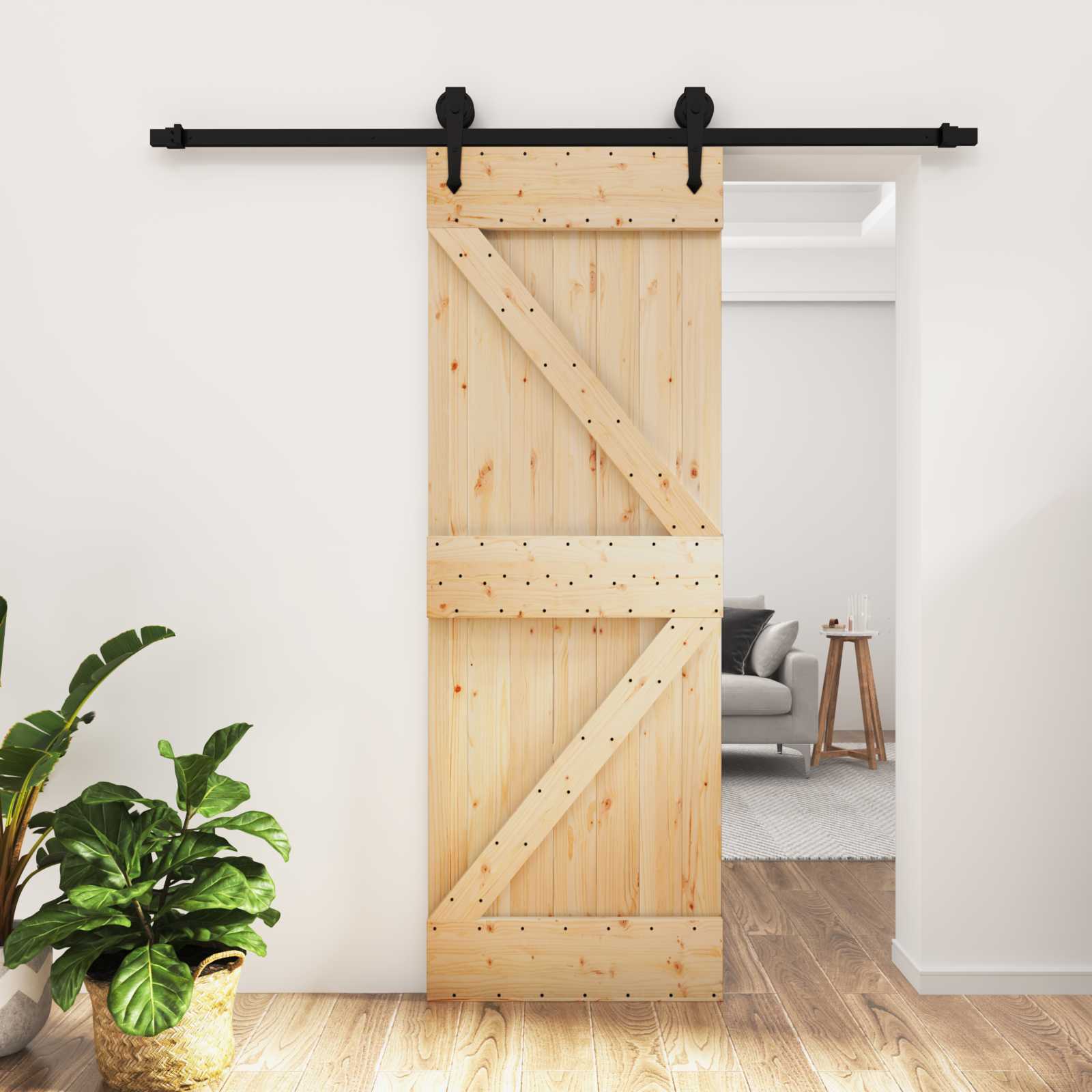Sliding Door 2 pcs Natural and Black Solid Pine Wood
