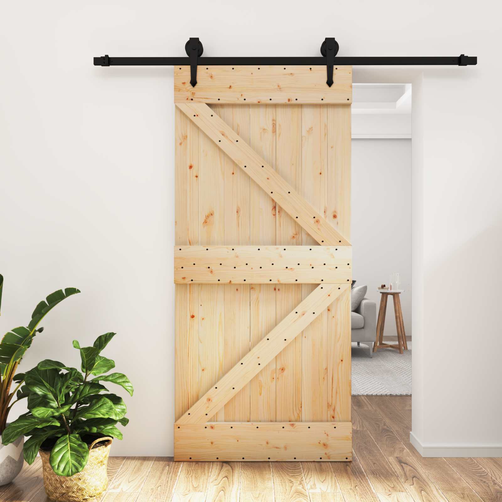 Sliding Door 2 pcs Natural and Black Solid Pine Wood