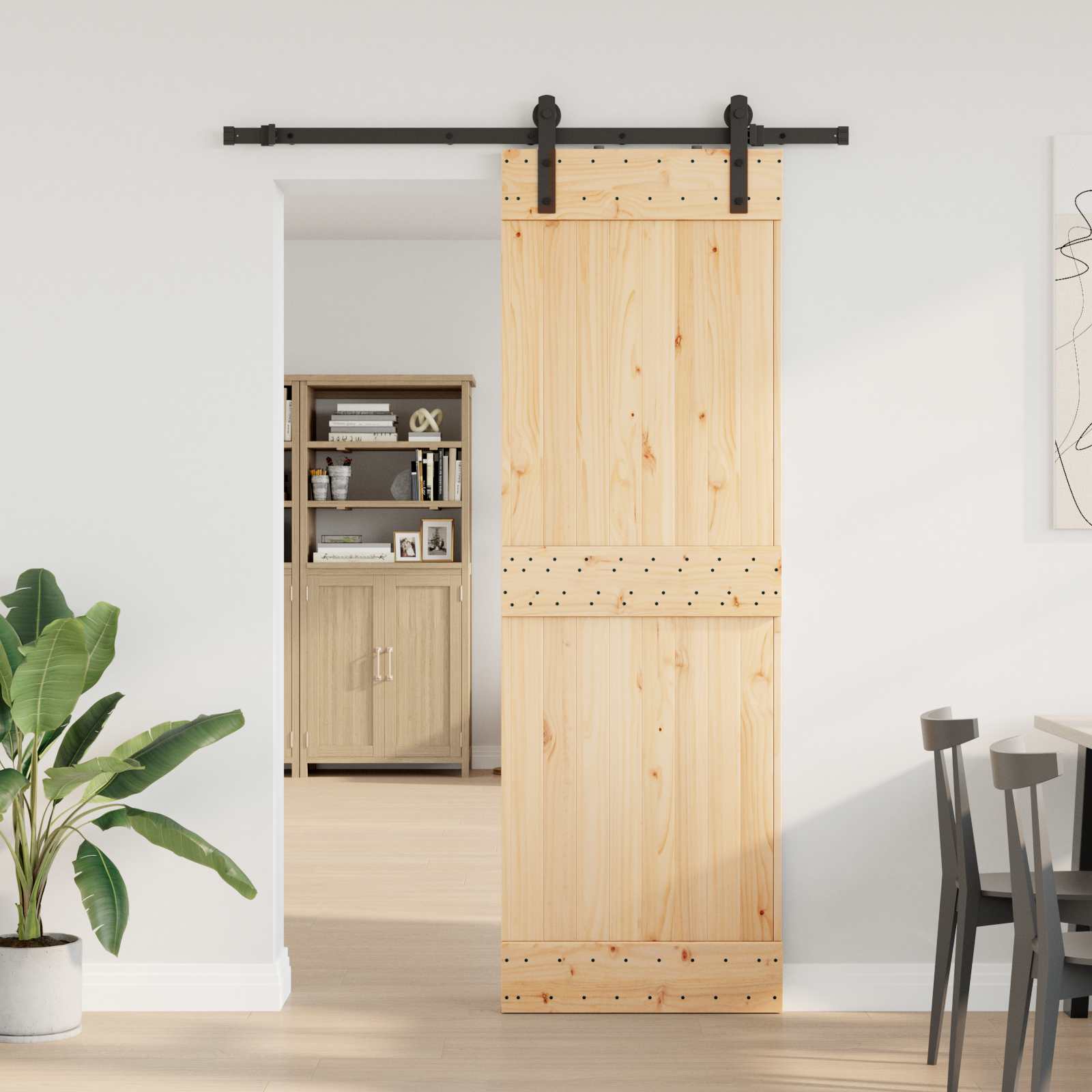 Sliding Door 2 pcs Natural and Black Solid Pine Wood