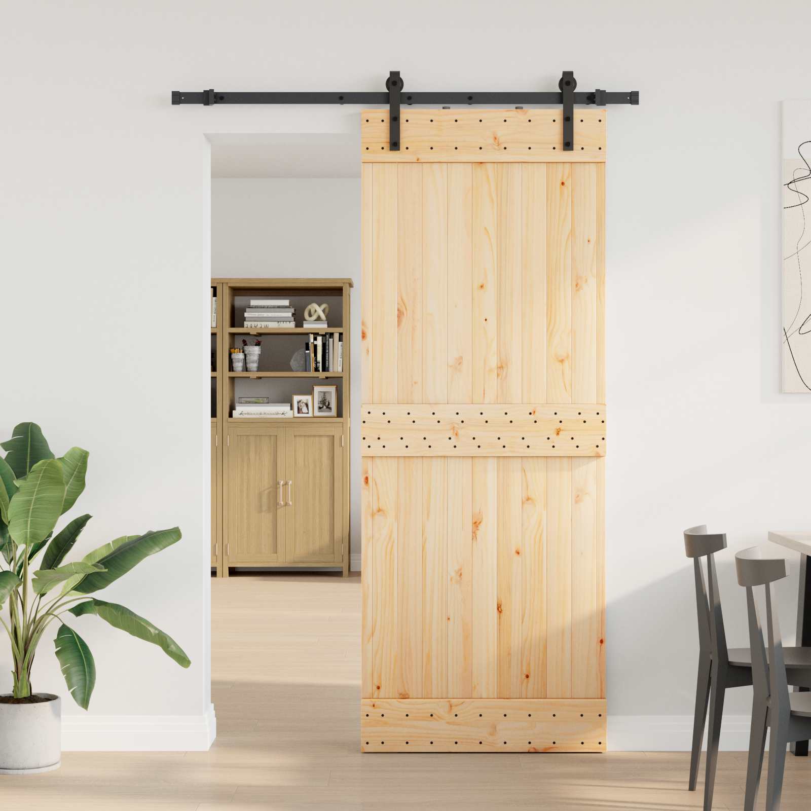Sliding Door 2 pcs Natural and Black Solid Pine Wood