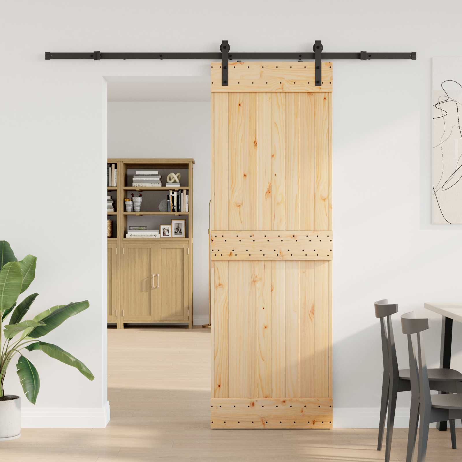 Sliding Door 2 pcs Natural and Black Solid Pine Wood
