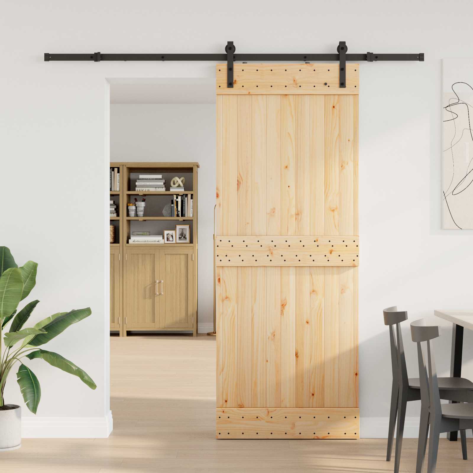 Sliding Door 2 pcs Natural and Black Solid Pine Wood
