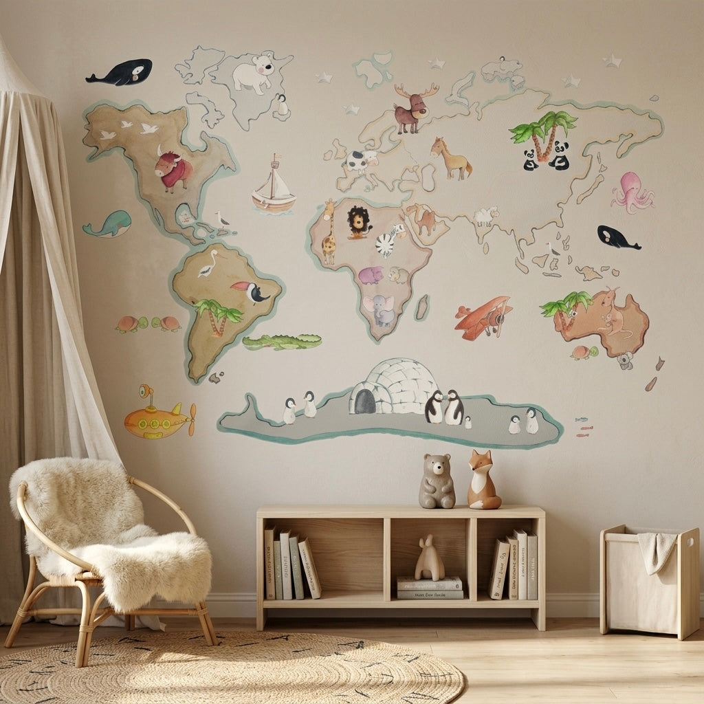 Mapa-mundo infantil tamanho XL em vinil com animais | 220x120cm