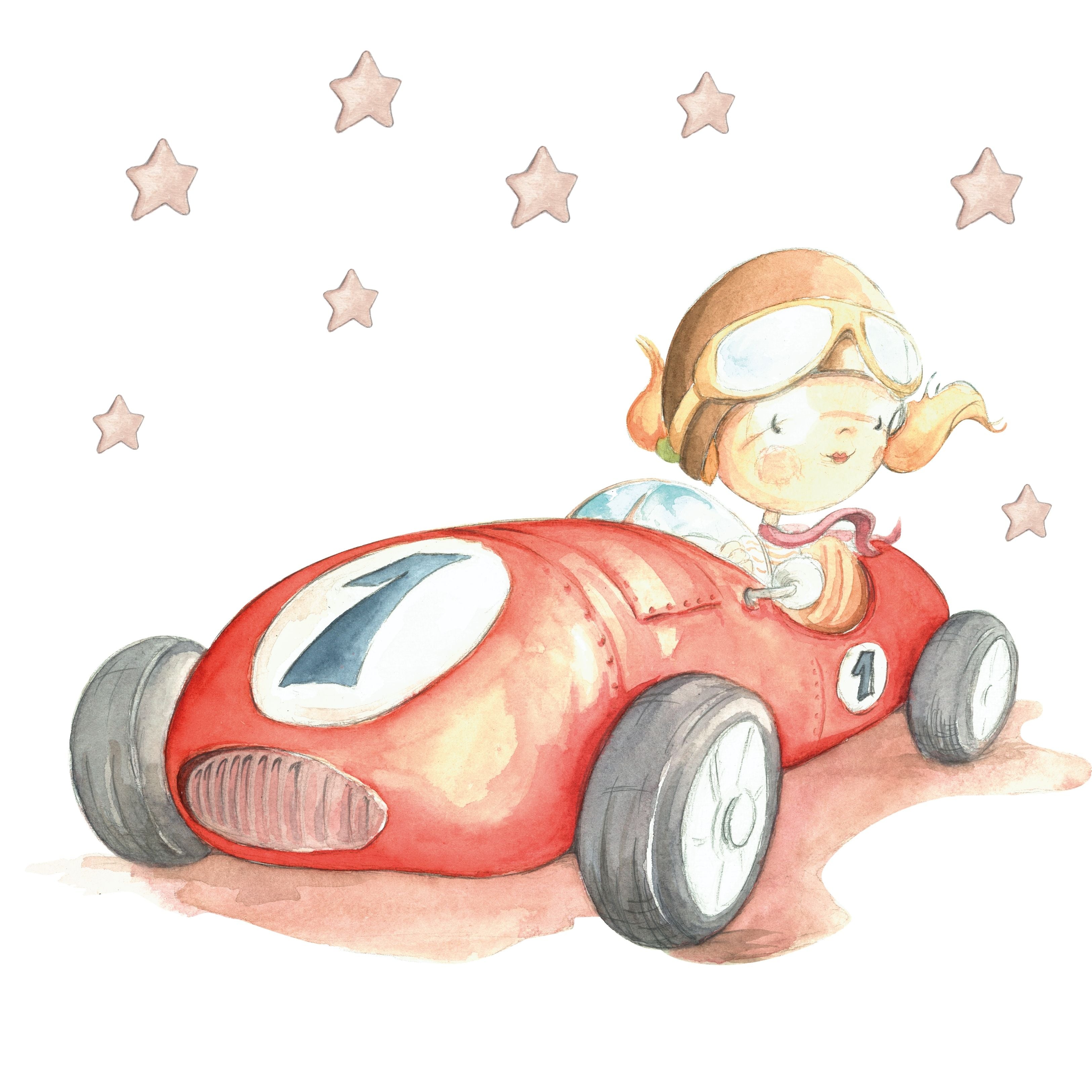 Vinilo decorativo infantil coche Fast Car pintado a mano