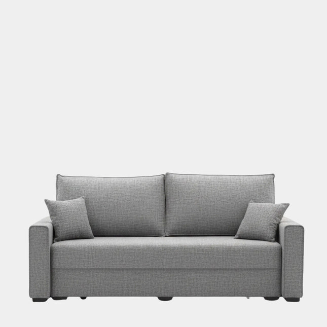 Sofá cama gris con apertura libro y almacenamiento