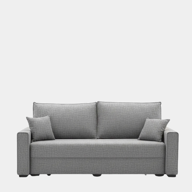 Sofá cama gris con apertura libro y almacenamiento