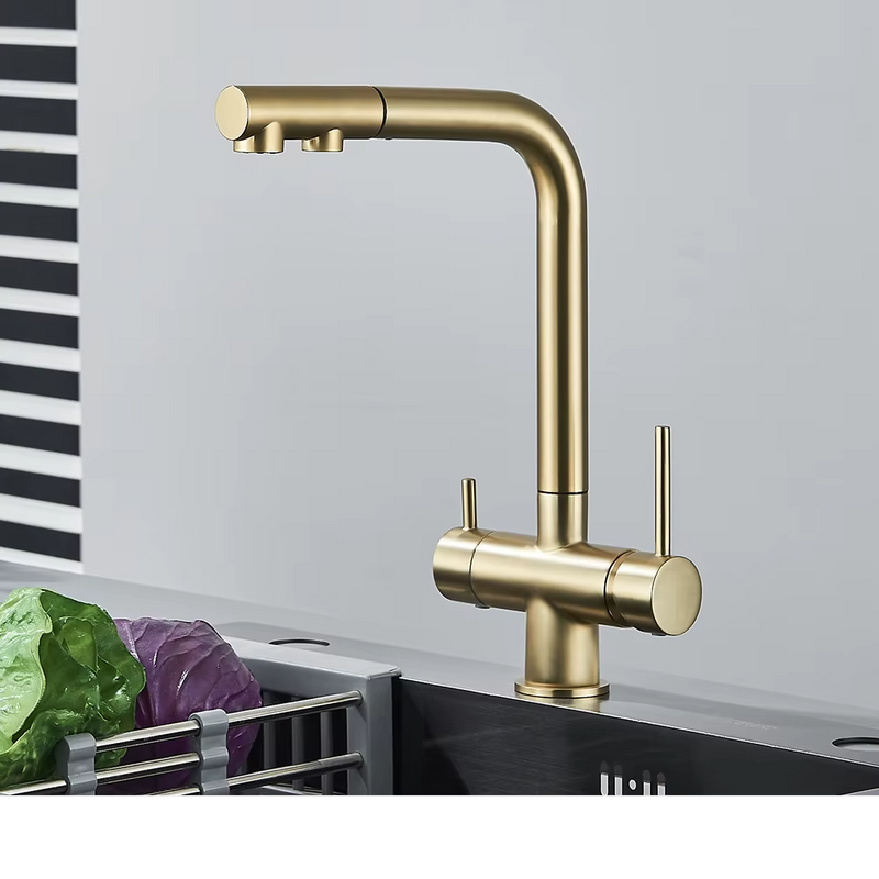 Grifo de cocina mezclador doble manija de latón cromado con filtro de agua 3-VíasGrifosHardware > Plumbing > Plumbing Fixtures > Faucets > Kitchen Sink Faucets