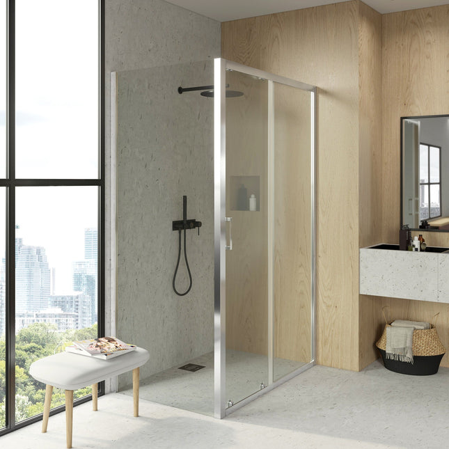 Mampara ducha lateral fija y frontal corredera cromo | 3_BP