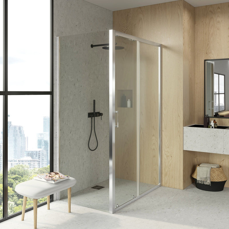 Mampara ducha lateral fija y frontal corredera cromo | 3_BP