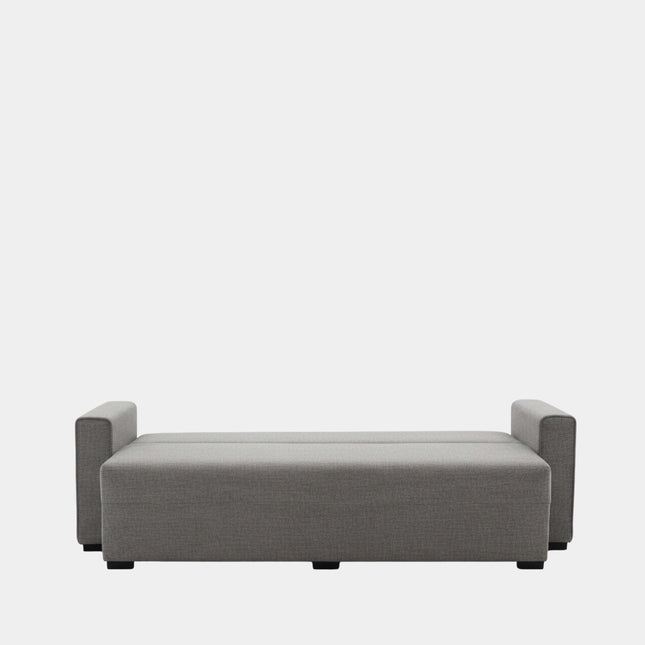 Sofá cama gris con apertura libro y almacenamiento