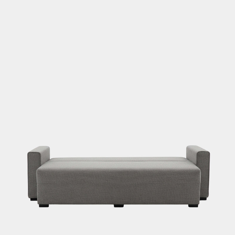 Sofá cama gris con apertura libro y almacenamiento