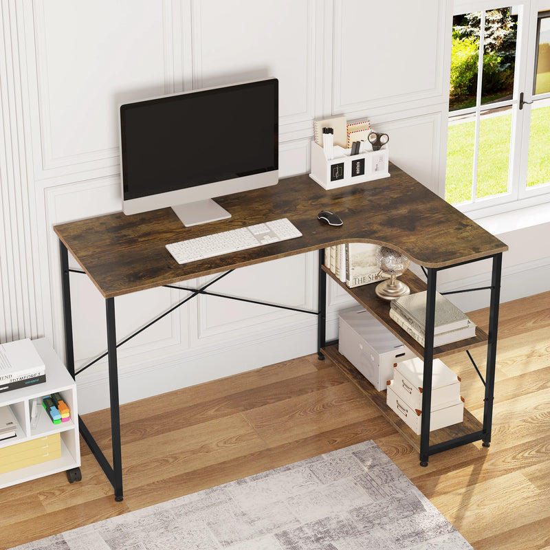 Escritorio esquinero en L con estantes | 120 × 74 × 71,5 cm · madera E1 y metalEscritoriosFurniture > Office Furniture > Desks