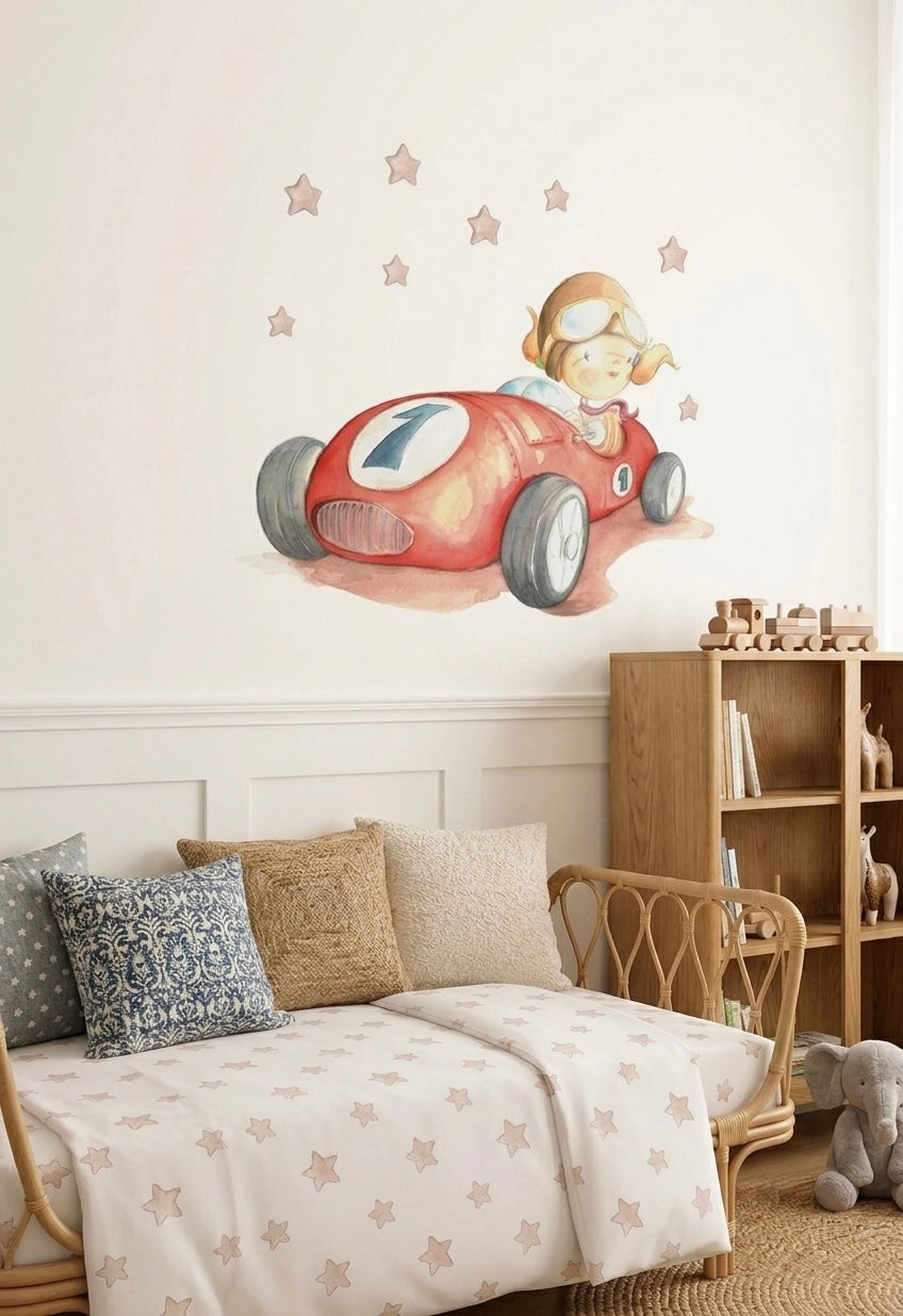 Vinilo decorativo infantil coche Fast Car pintado a mano