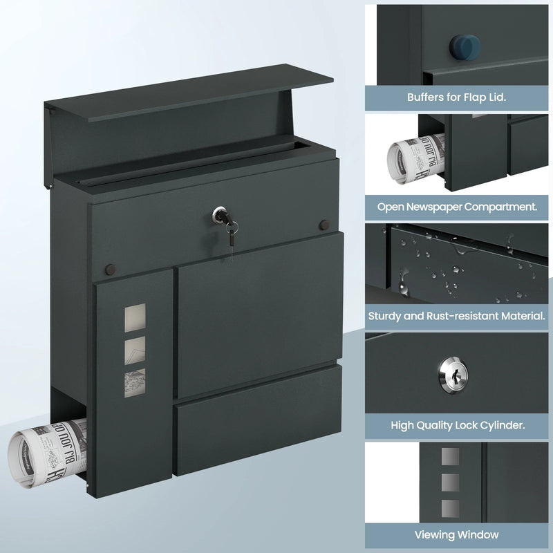 Buzón moderno antracita con portaperiódicos | ventanillas transparentes, porta-nombre y cerradura con 2 llavesBuzonesHome & Garden > Decor > Mailboxes