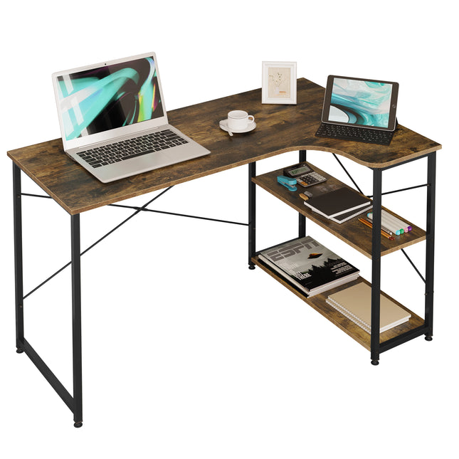 Escritorio esquinero en L con estantes | 120 × 74 × 71,5 cm · madera E1 y metalEscritoriosFurniture > Office Furniture > Desks