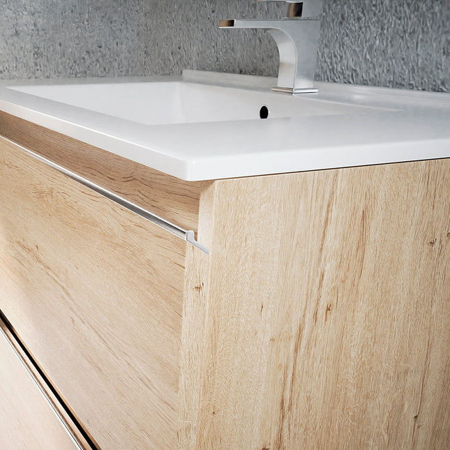 Mueble de baño con lavabo 3 cajones bambú con tiradores | 3_BP