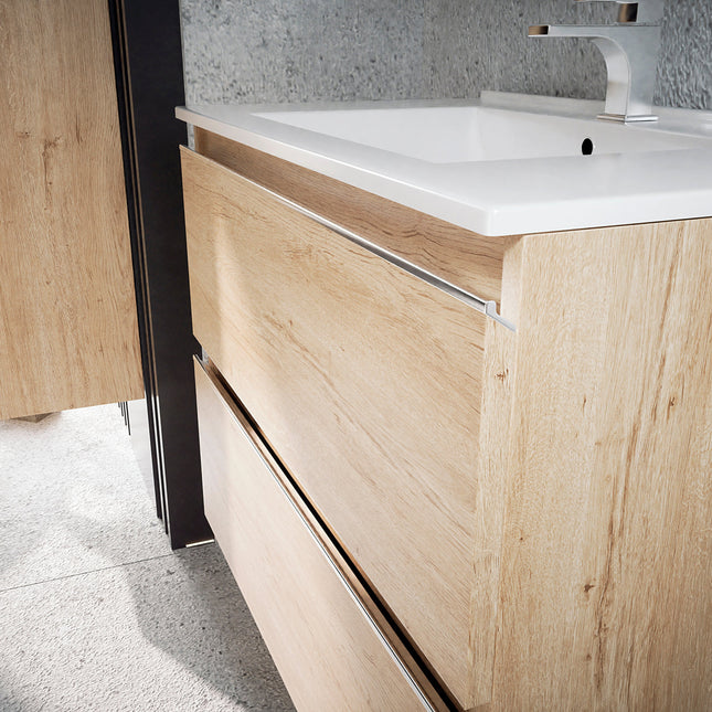 Mueble de baño con lavabo bambú suspendido 2 cajones | 3_BP