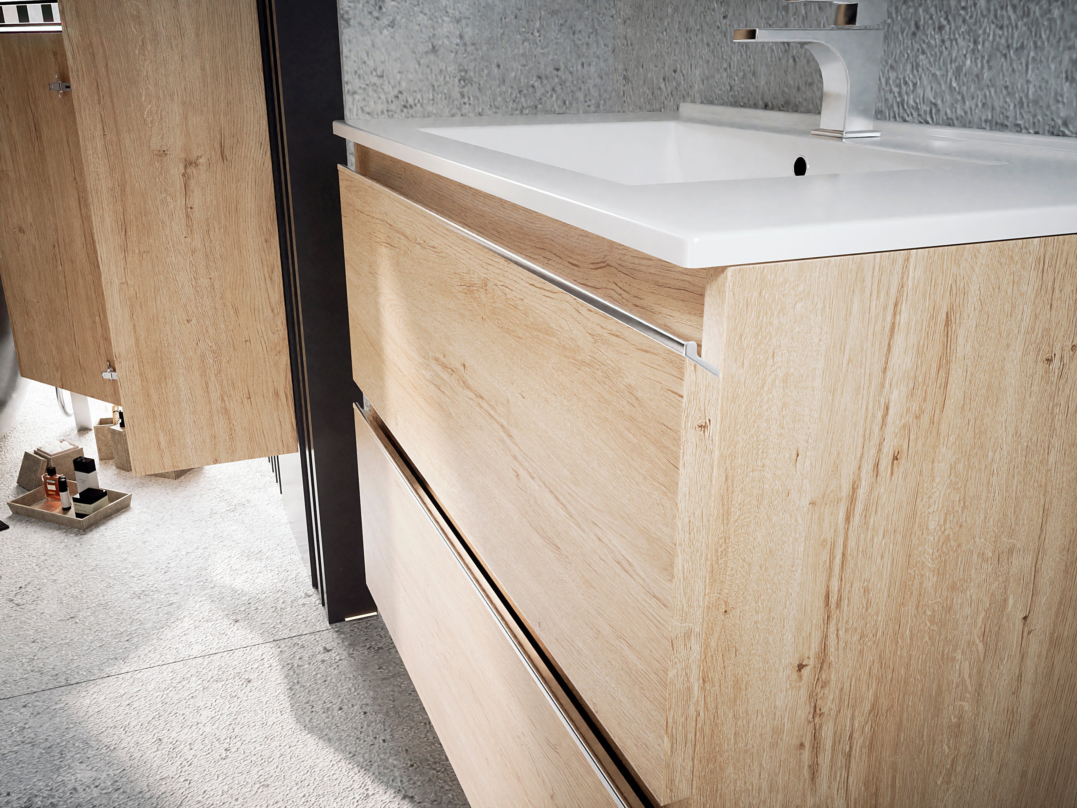 Mueble de baño con lavabo bambú suspendido 2 cajones | 3_BP