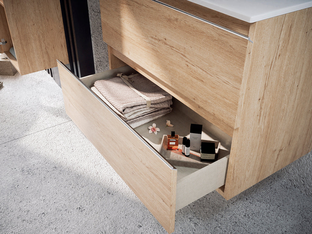 Mueble de baño con lavabo bambú suspendido 2 cajones | 3_BP