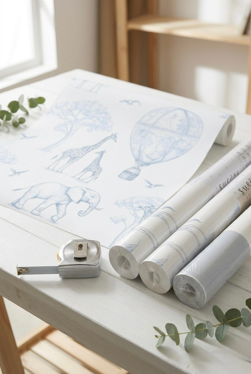 Papel pintado infantil jirafas globos | azul empolvado