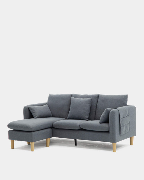 Sofá chaise longue cinzento de 3 lugares | conforto numa sala de estar moderna