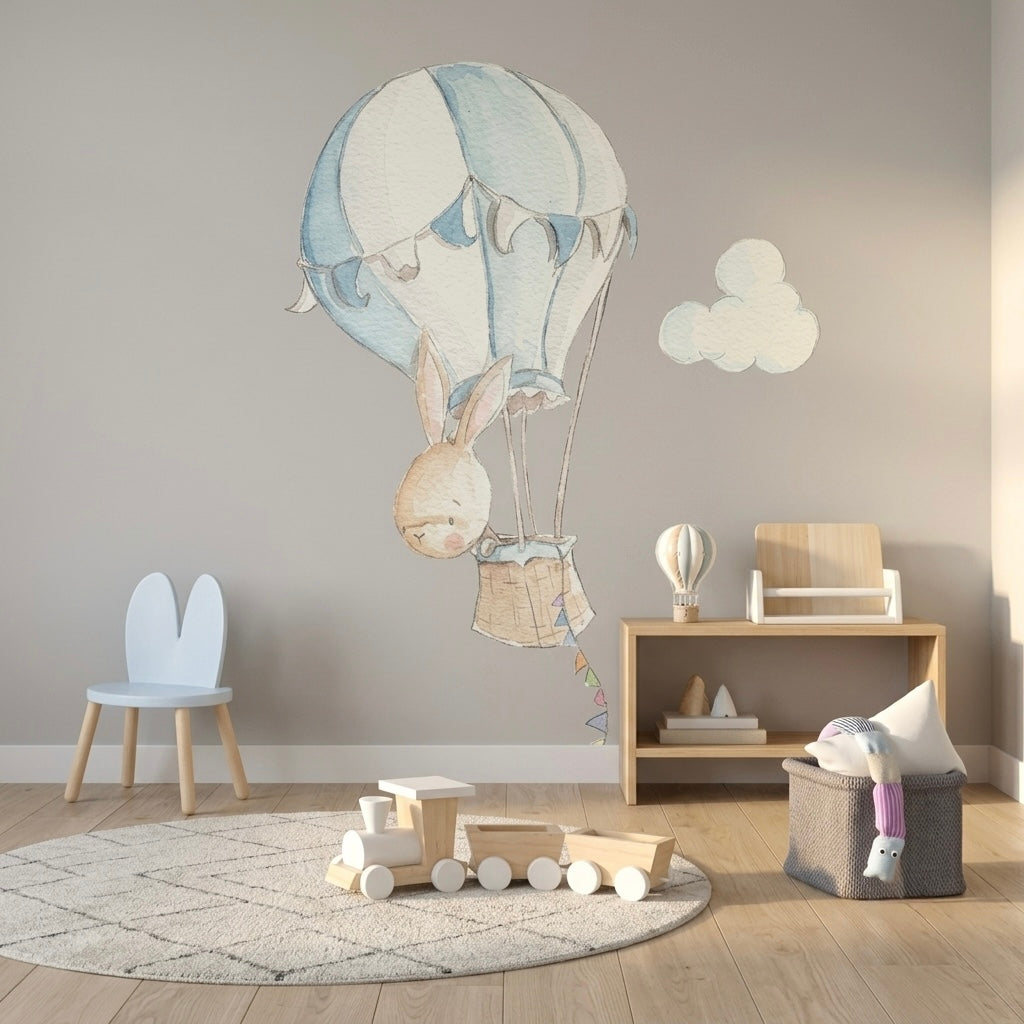 Vinilo decorativo infantil con diseño conejo en globo para niños
