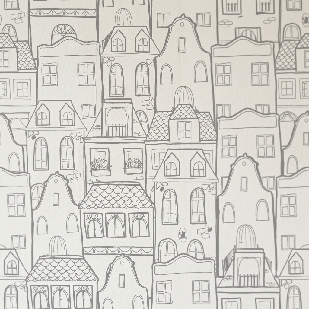 Wallpaper with houses | for children in white and gray