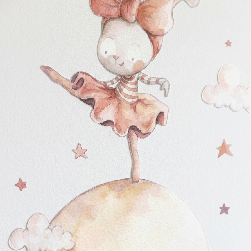 Vinilo decorativo infantil bailando en la luna | De acuarela
