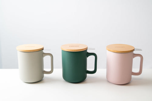 Ceramic Teacup with Stainless Steel Infuser Filter and Bamboo Lid