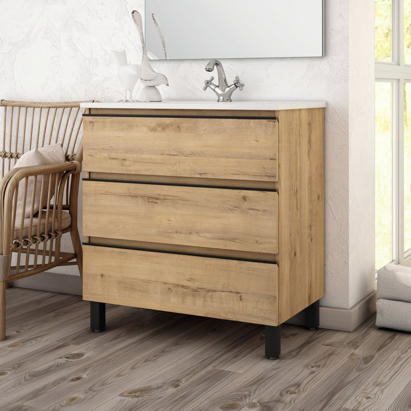 Mueble de baño con lavabo 3 cajones roble Ostippo con patas | 3_BP