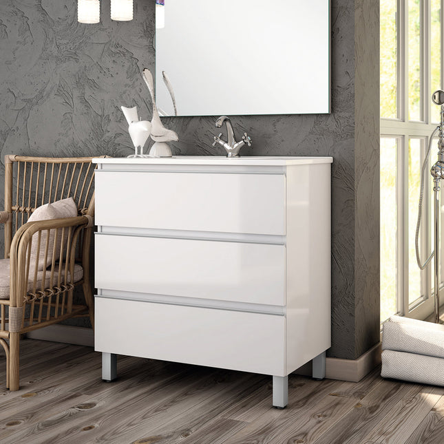 Mueble de baño con lavabo 3 cajones blanco brillo moderno | 3_BP