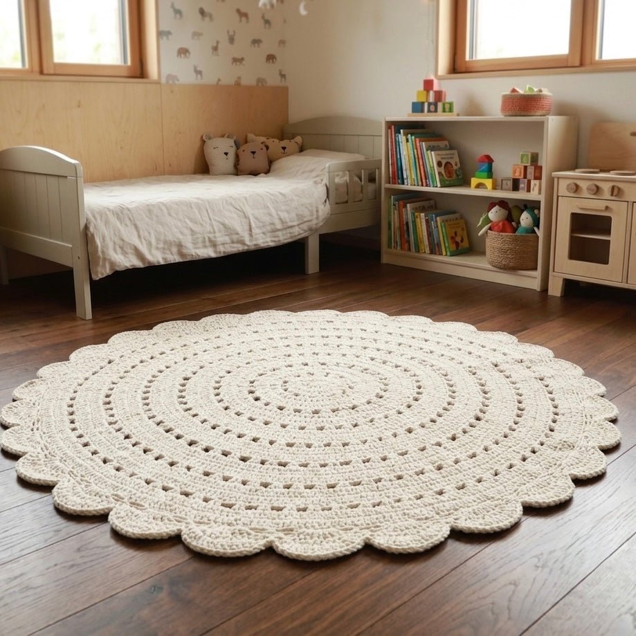 Children's Round Crochet Rug 120cm Ecru