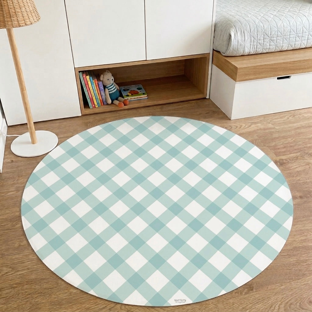 Vinyl rug with mint gingham design | 95 cm diameter