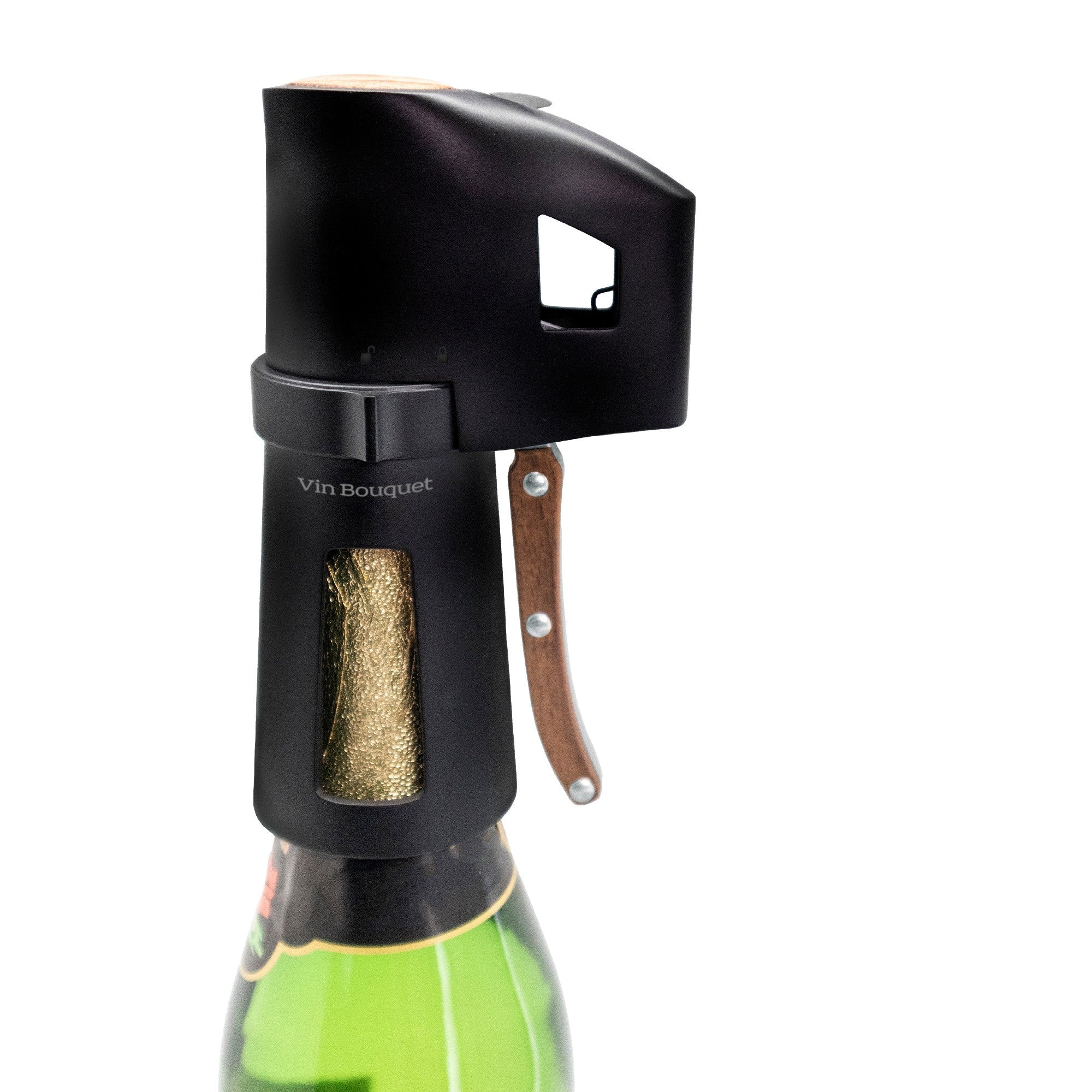 Abridor de champán con mango de madera ergonómico
