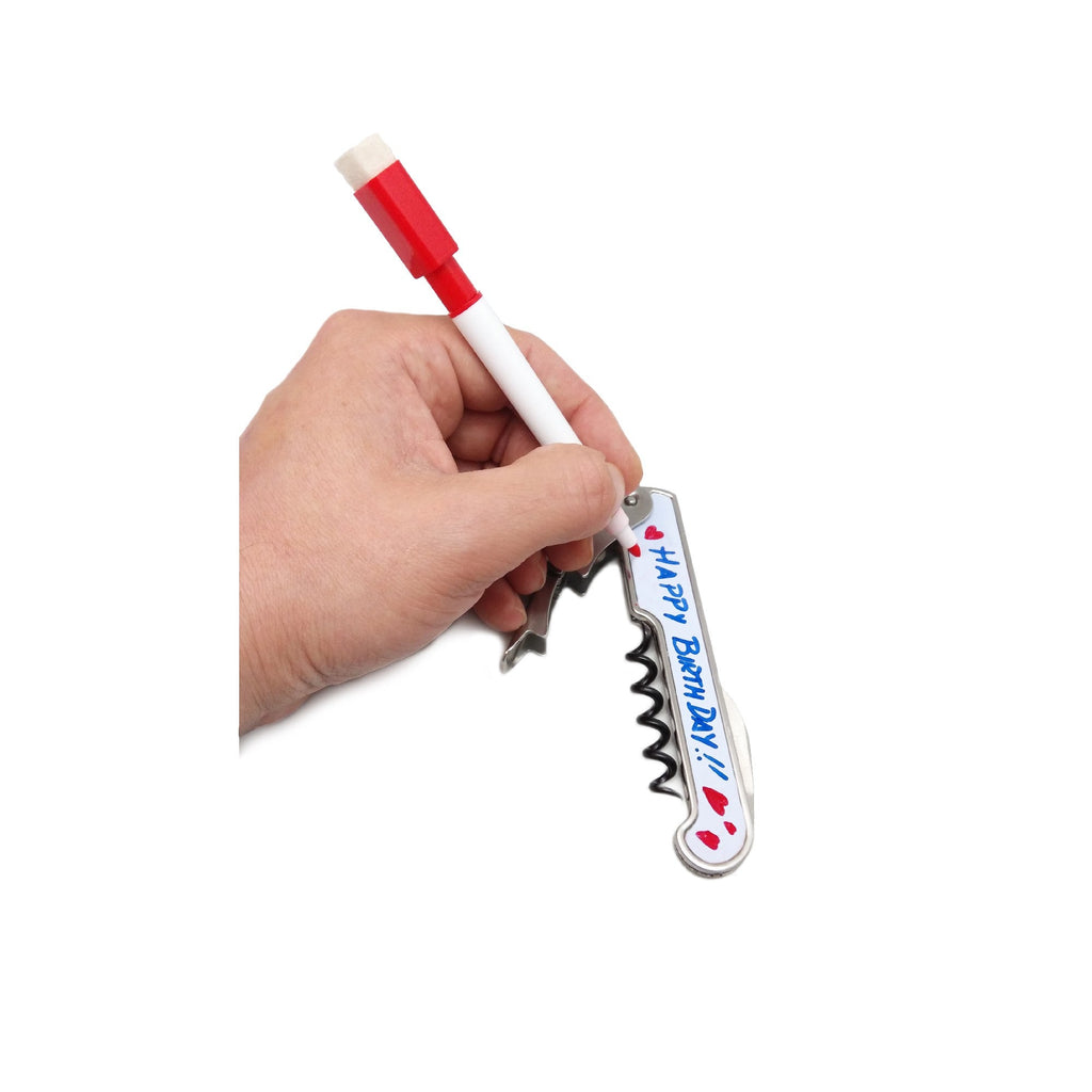 Saca-rolhas personalizável com marcador e abre-cápsulas.