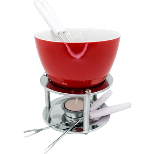 Conjunto de fondue em cerâmica com espetos e vela.