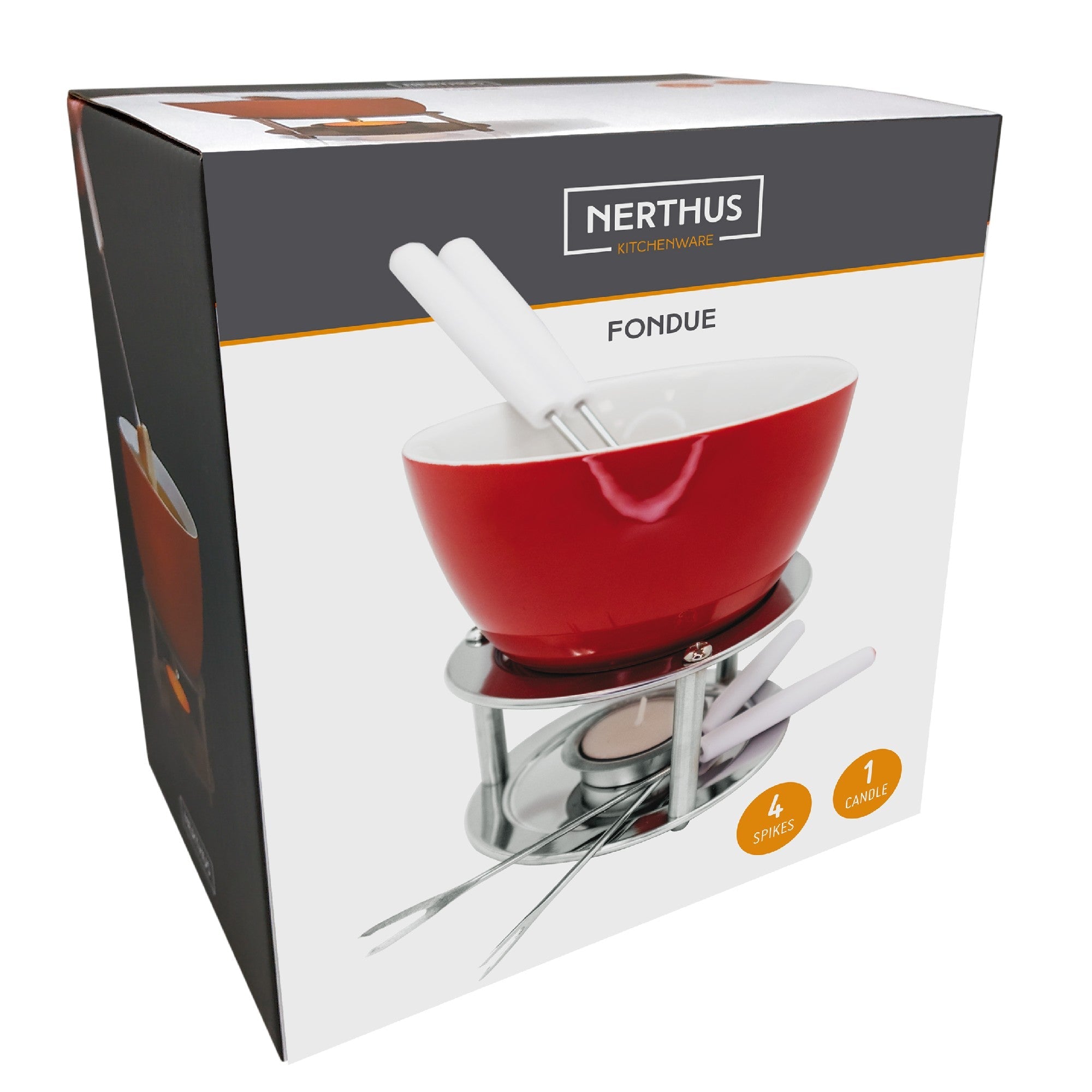 Ceramic fondue with skewers and candle