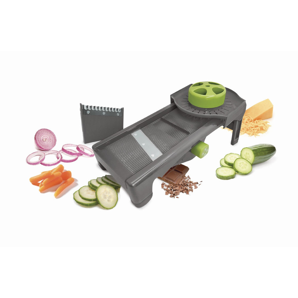 Mandolina de cozinha com lâminas intercambiáveis ​​e ajuste de espessura.