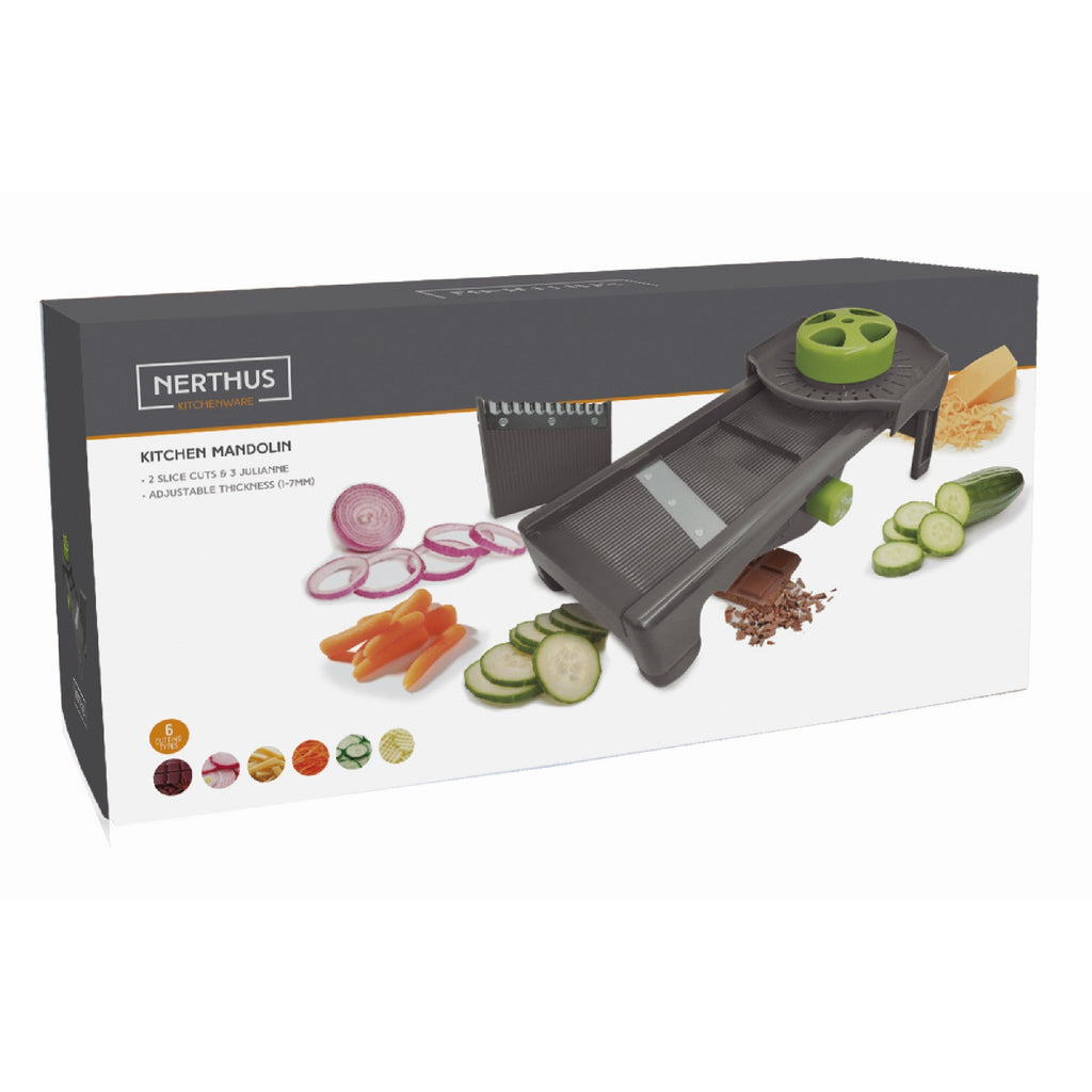 Mandolina de cozinha com lâminas intercambiáveis ​​e ajuste de espessura.