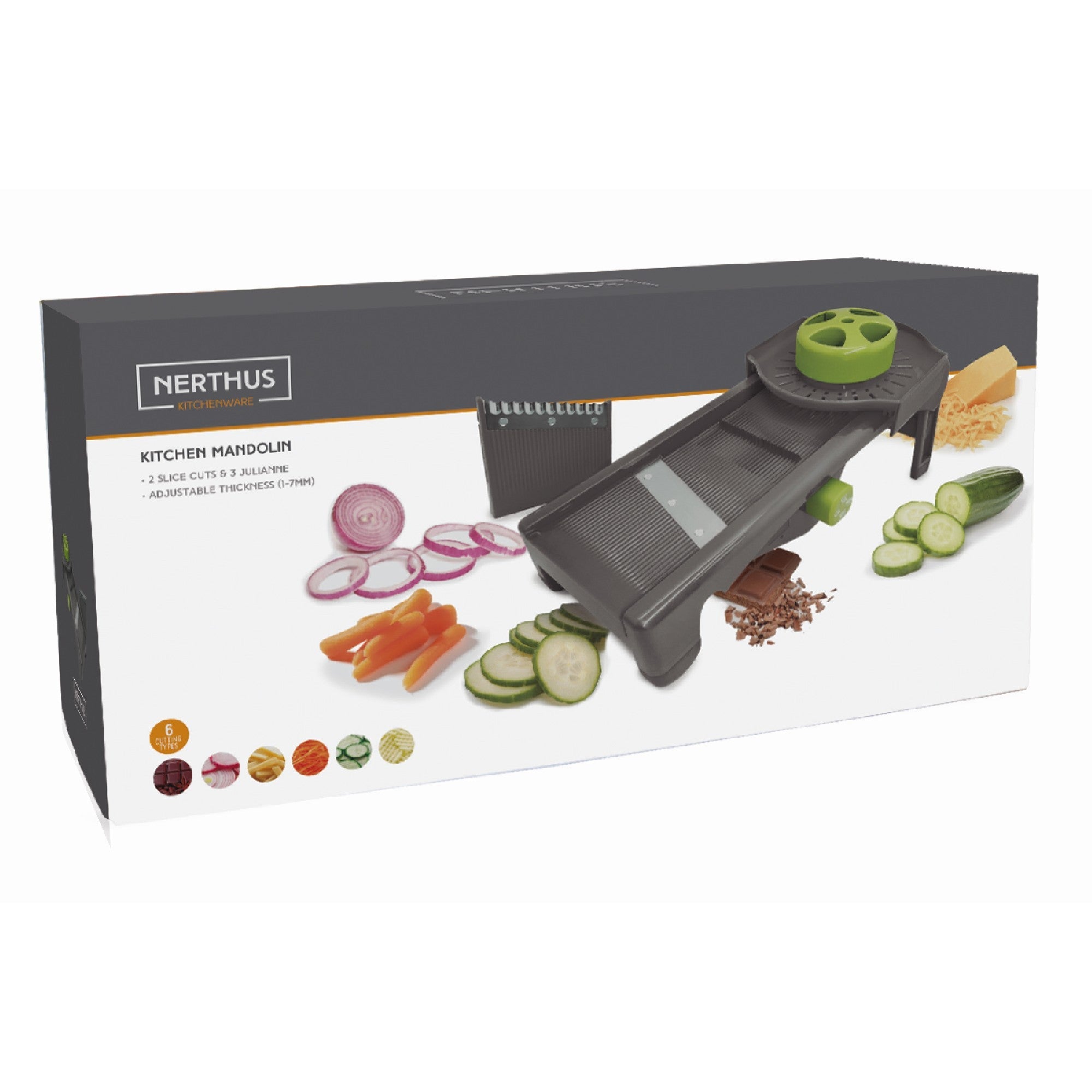 Mandolina de cozinha com lâminas intercambiáveis ​​e ajuste de espessura.