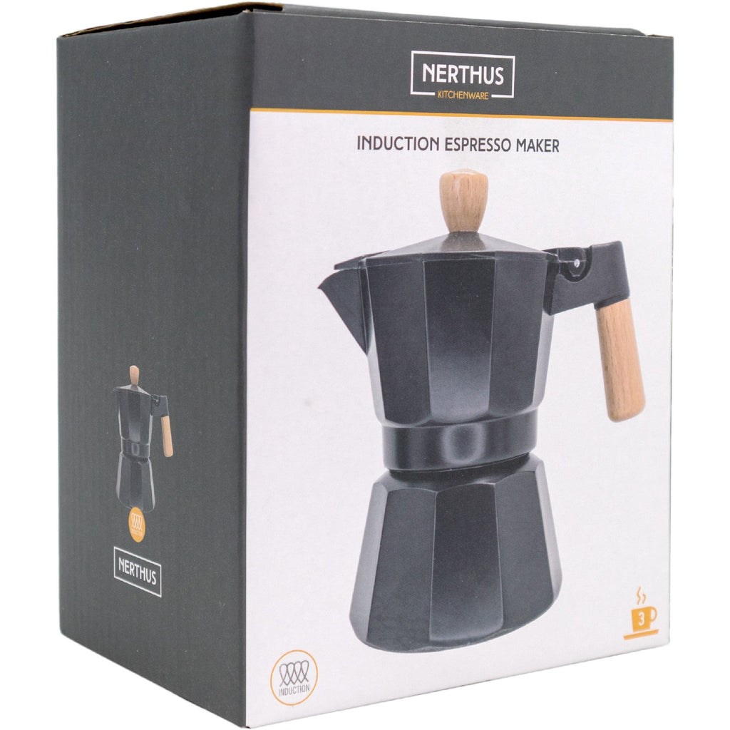 Cafetera Italiana Inducción Negra con Detalles en Madera
